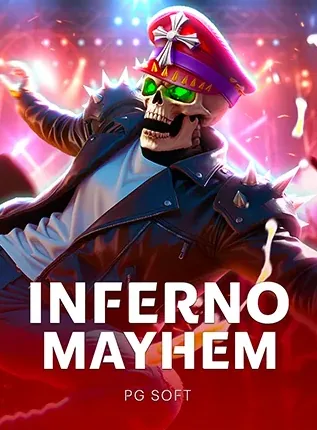 ปกเกมสล็อต Inferno Mayhem ค่าย PG Soft โครงกระดูกสวมแว่นเขียวและเสื้อคลุมแดง ในกรอบเดโม่หน้าแรก